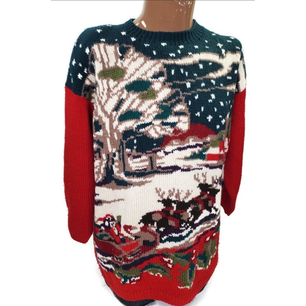 Classiques Entier Merino Wool Reindeer Winter Scene Holiday Sweater Women Medium